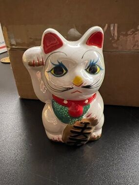 White Maneki Neko Lucky Cat Figurine with Red Accents